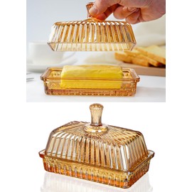 Champagne Vintage Glass Butter Dish with Lid for Countertop, Glass Butter Dish with Cover and Long Handle for Refrigerator, Cute Crystal Covered Butter Holder Tray