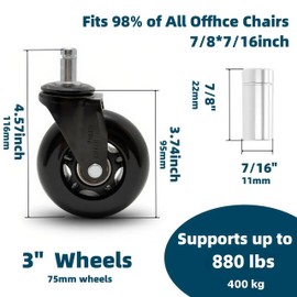 3" Polyurethane Office Chair Replacement Wheels - 5-Pack, 880LBS Heavy Duty, Noiseless & Wear-Resistant Casters (Hardwood/Carpet), Universal Fit Most Desk & Gaming Chairs, Stain-Resistant Black