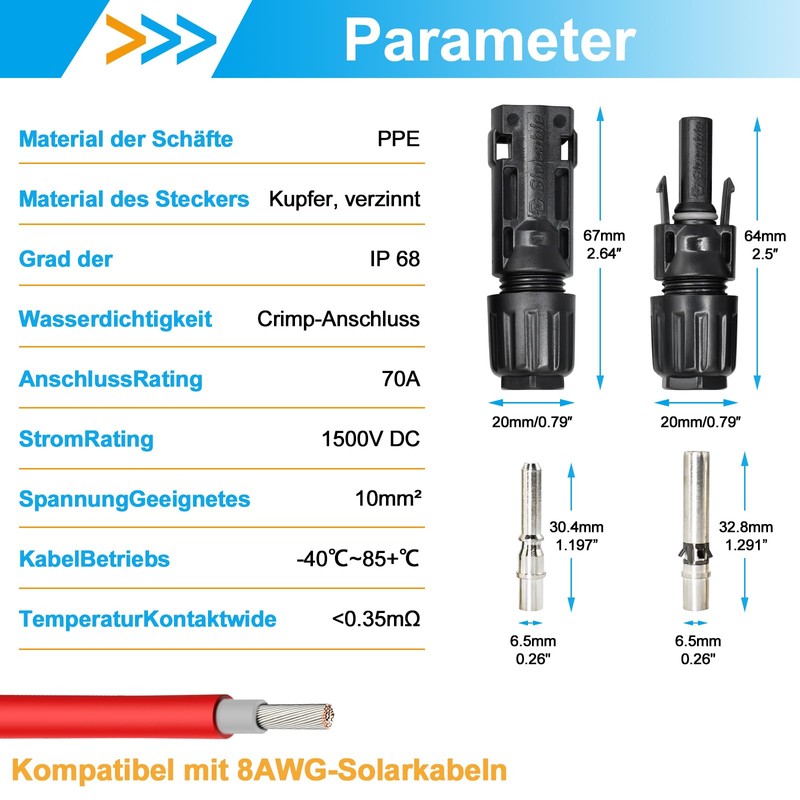 Slocable Solar Plug 10 mm2, IP68 Solar Panel Plug, 1500