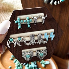 ALRNBY Western Earrings for Women 6 Pairs Earrings Set Turquoise Jewelry for Cowgirl Boho Flower Heart Boots Hat Horseshoe Cross Stud Earrings Blue Earrings (Color B)