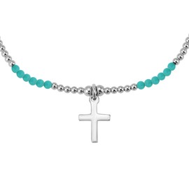 AeraVida Meaningful Faith Cross Simulated Green Turquoise Charm .925 Sterling Silver Beaded Bracelet