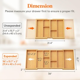 Lifewit Expandable Utensil Organizer for Kitchen Drawer, Adjustable Cooking Silverware Tray, Plastic Cutlery Flatware Holder, Spatula Tools Gadgets Storage Divider, 21- 36 x 16", Bamboo, Natural