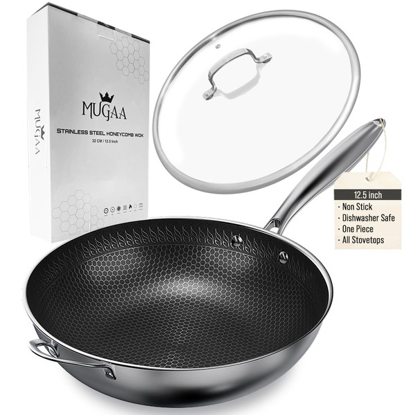 MUGAA Wok Pan Stir-Fry with Lid | Non Stick Stainless