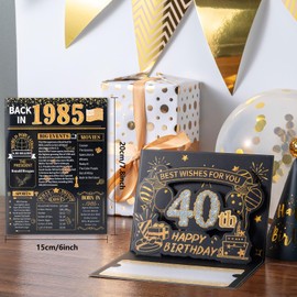 HOHOMANGA 40th Birthday Card, 3D Pop Up 40th Birthday Card for Men Women, Back in 1985 Card with Envelope, 40th Birthday Gifts for Men, Women, Husband, Wife (Black Gold)