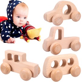 Wooden Cars Baby Toys Push and Pull Along Toys for Toddlers 6 to 18 Months, Baby Kids Montessori Toys Wooden Baby Chewing Toys Natural Beech Wood Baby Push Cars for Boys Girls (4pcs B)