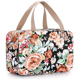 IGNPION Woman Large Travel Toiletry Bag Waterproof Wash Bag Make up Organizer Bag Cosmetic Bag Swimming Gym Bag (Black Flower)
