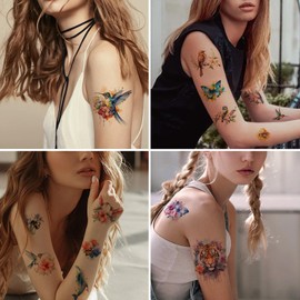 3D Watercolor Temporary Tattoos For Adult Women-Large Flower Hummingbird Butterfly Rose Lavender Realistic Long Lasting Fake Tattoo Stickers Colorful Fake Tattoos For Girls