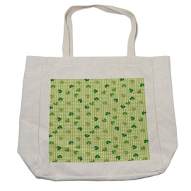 Ambesonne Irish Shopping Bag, Retro Classical Checkered Pattern with Green Shamrocks Clovers Garden Plants, Eco-Friendly Reusable Bag for Groceries Beach and More, 15.5" X 14.5", Cream