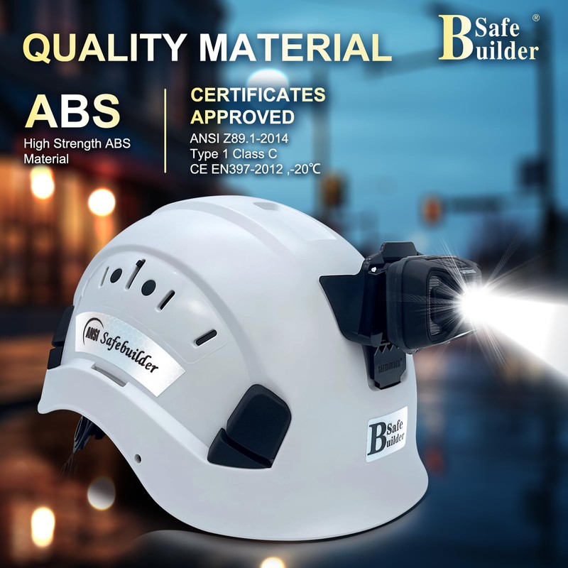 SAFEBUILDER Safety Hard Hats with Headlight Lightweight Breathable Vented Safety