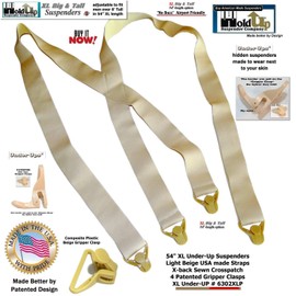 Holdup Suspender Company Traditional X Back Style 1 1/2" wide, XL Under-Ups Tan Suspenders for Men with the No-Buzz Composite Gripper Clasps