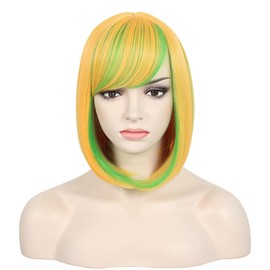 WildCos Short Bob Hair Wigs 14 Inches Straight Synthetic Cosplay Daily Party Wig for Women (Orange Light green)