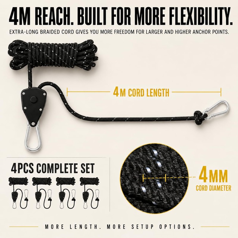 Rope Ratchet Tie Downs, 4mm x 4m Heavy Duty Adjustable