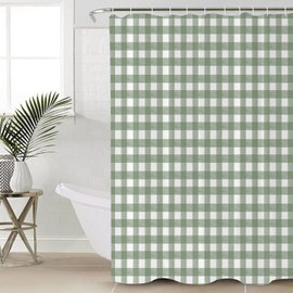 Sage Green Buffalo Plaid Shower Curtain Set - 72" x 78" Washable Bathtub Curtain with 12 Hooks, Farmhouse Green White Checkered Waterproof Fabric Stall Shower Curtains for Bathroom/Bathtub Décor