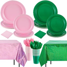 Hushee 170 Pcs Green and Pink Party Decorations, Pink and Green Plates Holographic Tablecloth Cups Paper Napkins Knives Forks Spoons for Witch Princess Themed Birthday Party, Serve 24 Guest