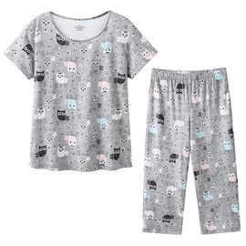 dodoin 2 Pack Womens Pajamas Set Cotton Sleepwear Short Sleeve Tops and Capri Pants Fun Prints Pjs(GO+GS,S)