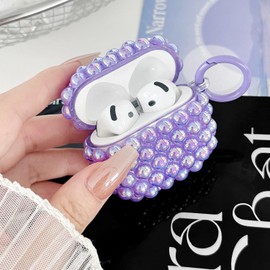Cute Glitter Pearls Case for Airpods 4 Cover Girls Women, Soft Handmade Beads TPU Airpods 4th Generation Protective Cover with Cleaner Pen&Keychian for Air Pod Gen 4, Purple