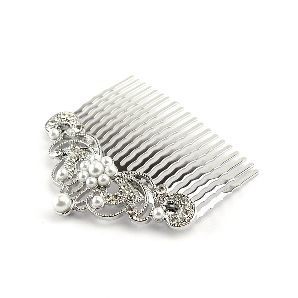 NYFASHION101 Women's Elegant Bridal Rhinestone Tiara Pattern Hair Comb HC4300, Simulated Pearl, Silver-Tone