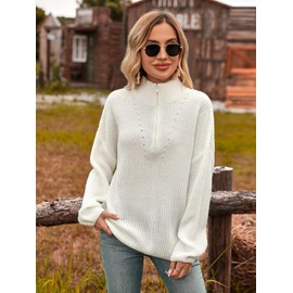 QIANSIQIANBO Women's Quarter Zip Sweater Polo V Neck Long Sleeve Ribbed Knit Sweater Casual Loose Dressy Winter Tops (M) White