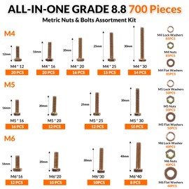 Grade 8.8 Metric Nuts and Bolts, Histely 700PCS M4 M5 M6 Nuts and Bolts Assortment Kit, Heavy Duty Hex Head Screws and Nuts Washers Set, Yellow Zinc Plated, 13 Sizes Hardware Included for DIY Projects