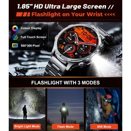 Smart Watches for Men(Answer/Make Calls) with LED Flashlight, 1.85"HD Screen Outdoor Sports Smartwatch ,800mAh Battery,Heart Rate/Sleep Monitor 5ATM Waterproof Fitness Tracker for Android iOS,Sliver