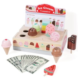 Wooden Ice Cream Stand for Kids, Ice Cream Popsicle Toy Pretend Play Food Kitchen Accessories Playset Ice Lolly Shop Games for Toddlers Girls Boys 3 4 5 Years Old
