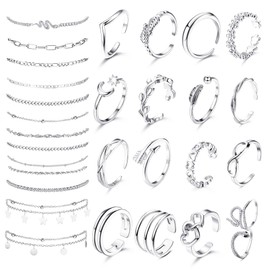 Finrezio 29Pcs Toe Rings and Anklets Set for Women Silver Gold Toe Rings Layered Anklets Arrow Flower Snake Adjustable Open Toe Rings Ankle Bracelets For Summer Beach Foot Jewelry Style A,Silver Tone