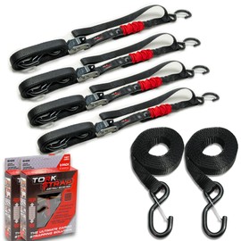 TorkStrap M500 Bundle | 14' x 1'' Spring Loaded Tie Down Straps with 20' Strap Extensions - 1,500LB Max Load - Just Pull Alternative to Ratchet Straps - Integrated Soft Loops (4-Pack)