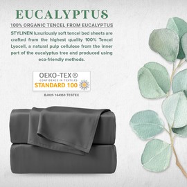 Stylinen 100% Organic Eucalyptus Bed Sheets California King Size 4 Piece Set, Tencel Lyocell, Soft Breathable, 16 Inch Deep Pockets, 1 Fitted, 1 Flat, 2 Pillowcases (California King, Charcoal)