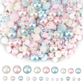 SUNNYCLUE 1 Box 60 g 3 ~ 10 mm Resin Half Pearls Nail Art Pendant 3D Mini Acrylic Pink and Blue Flat Gemstones Rhinestones Various Round Beads Flat Back Cabochons for Nail Art Han