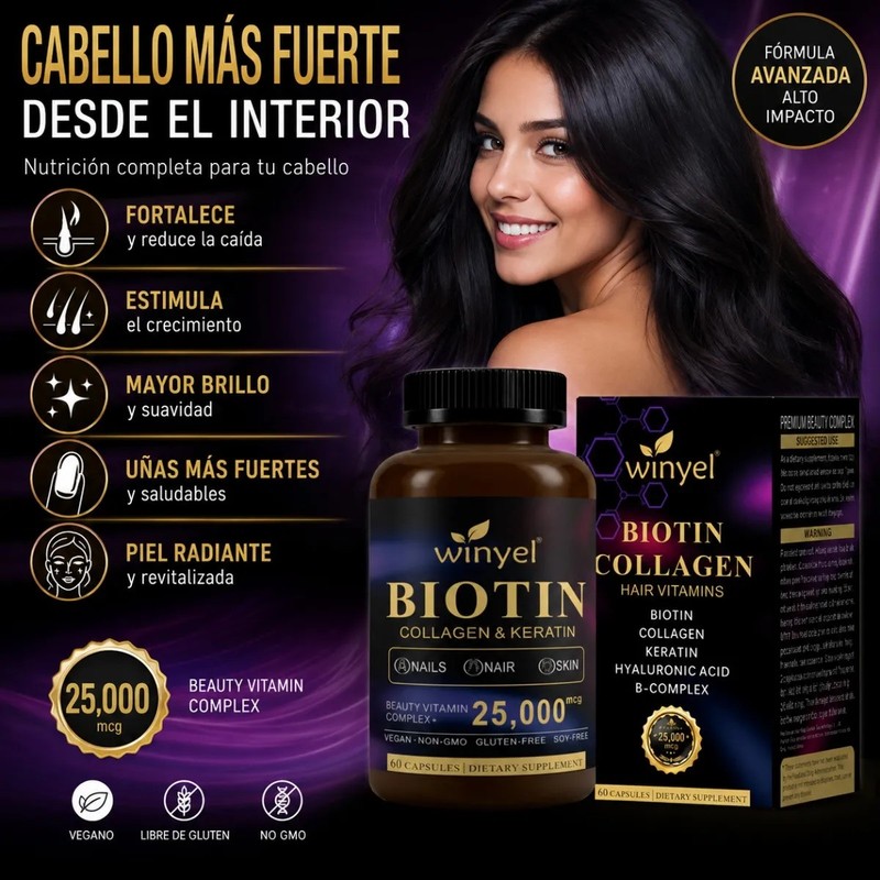 Biotina Colágeno Queratina Complejo B Suplemento 60 Caps