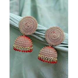 Generic Bollywood Traditionals Indian Wedding Oxidised Gold-Plated Handcrafted Jhumka Jhumki Earrings for women (red)