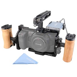 MAGICRIG Camera Cage Movie Kit with NATO Top Handle Dual Wooden Side Grip(Left & Right) HDMI Cable Clamp T5 / T7 / T9 SSD Mount Holder 15mm Single Rod Clamp for BlackMagic Pocket BMPCC 4K & 6K - 531