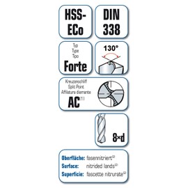 alpen Spiral Drill Bit HSS Cobalt, Short, DIN 338 Forte, Diameter 4 mm, L1 75 mm, L2 43 mm, 18300400100