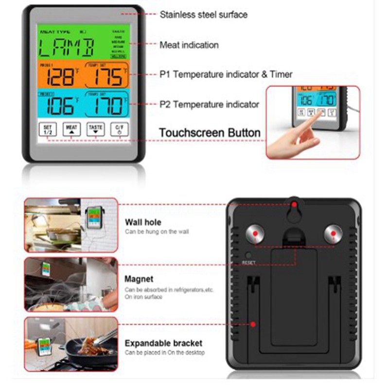 Digital Thermometer Dual Probe Meat Temperature Meter Tester Timer Alarm