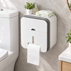 Gray Toilet Paper Holder for Bathroom Storage – No-Drill Wall-Mounted Waterproof & Dust-Resistant Tissue Container