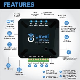 Level Sense Pro Wi-Fi Enabled Sump Pump Alarm, Features Include: High Water Alarm, Water Leak Detector, Power Failure Detection, Temperature and Humidity Sensor