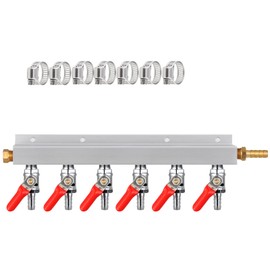 MRbrew Gas Manifold CO2 Gas Distributor, 5/16'' Barb Fitting Beer Kegerator Splitter, 6-Way Air Distributor with Integrated Check Valves & Hose Clamps