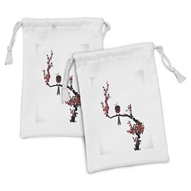 Lunarable Nature Fabric Pouch Set of 2, Bird on Cherry Tree Summertime Classic Painting Style Illustration Print, Small Drawstring Bag for Toiletries Masks and Favors, 9" x 6", Black Red