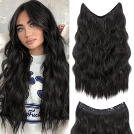 MY-LADY Invisible Wire Hair Extensions with Transparent Headband Adjustable Size 4 Secure Clips in Hair Extensions Long Wavy Synthetic Hairpiece for Women 24 Inch Natural Black