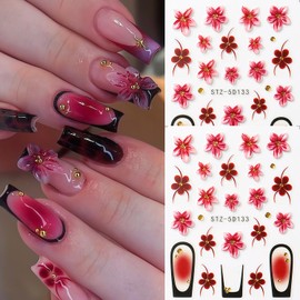 Flowers Nail Art Stickers Decals 5D Embossed Self-Adhesive Summer Flowers Nail Stickers French Tip Design Nail Decals Spring and Summer Flower Sticker for Women DIY Manicure Decoration Supplies