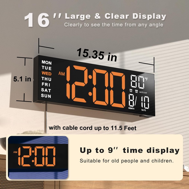 JALL 16" Large Digital Wall Mount Clock, Count Down Timer,
