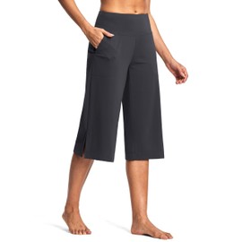 ISEEGZ Women's Wide Leg Yoga Capris High Waist Loose Fit Dress Pants with Pockets Casual Lounge Capri Pants for Women Dark Grey