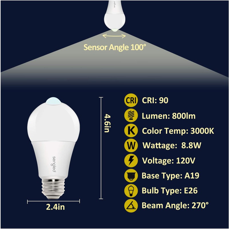 Sengled Motion Sensor Light Bulbs, A19 3000K 800LM Outdoor Indoor