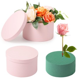 Round Floral Foam Present Box, Pink Floral Present Box with Lid, Floral Arrangement Foam with Presentation Box, Elegant Flower Foam Container for Mother's Day, Valentine's Day, Anniversary, Wedding
