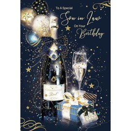 Cherry Orchard Son in Law Happy Birthday Card with Champagne Design and Gold Foil Detailing and Gold Envelope from (EL343)