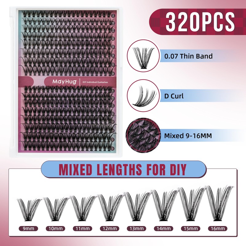 Mayhug Eyelash Extensions, 30 + 40D Individual Eyelashes, 320 Pieces,
