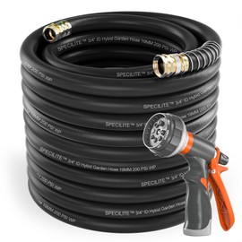 SPECILITE Garden Water Hose 150 ft x 3/4 in Heavy Duty, Flexible and Lightweight, Burst 600 psi, Kink-less Hybrid Rubber Pipe for Backyard, 3/4'' Brass Fittings, Black