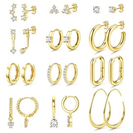 FIOROYAL 12Pairs Small Gold Hoop Earrings Set for Women - 14K Gold Plated Hypoallergenic Huggie Hoops for Sensitive Ears Cartilage Stud Earring Stacks for Multiple Piercing G