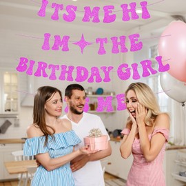 Its Me Hi Im The Birthday Girl Its Me Banner,Popular Glitter Birthday Decorations Banner whit Silver Curtain background, for Girl Birthday Party Decorations