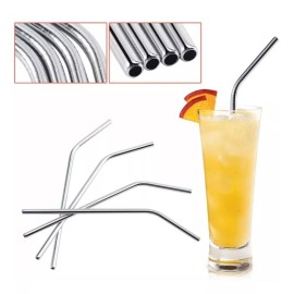 Veraly 4 Popote Acero Inoxidable Curvo Cepillo Full Plata